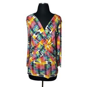 Cable & Gauge Multicolor Criss-Cross V-Neck Top Sz XL Form Fitting Y2K Style Art